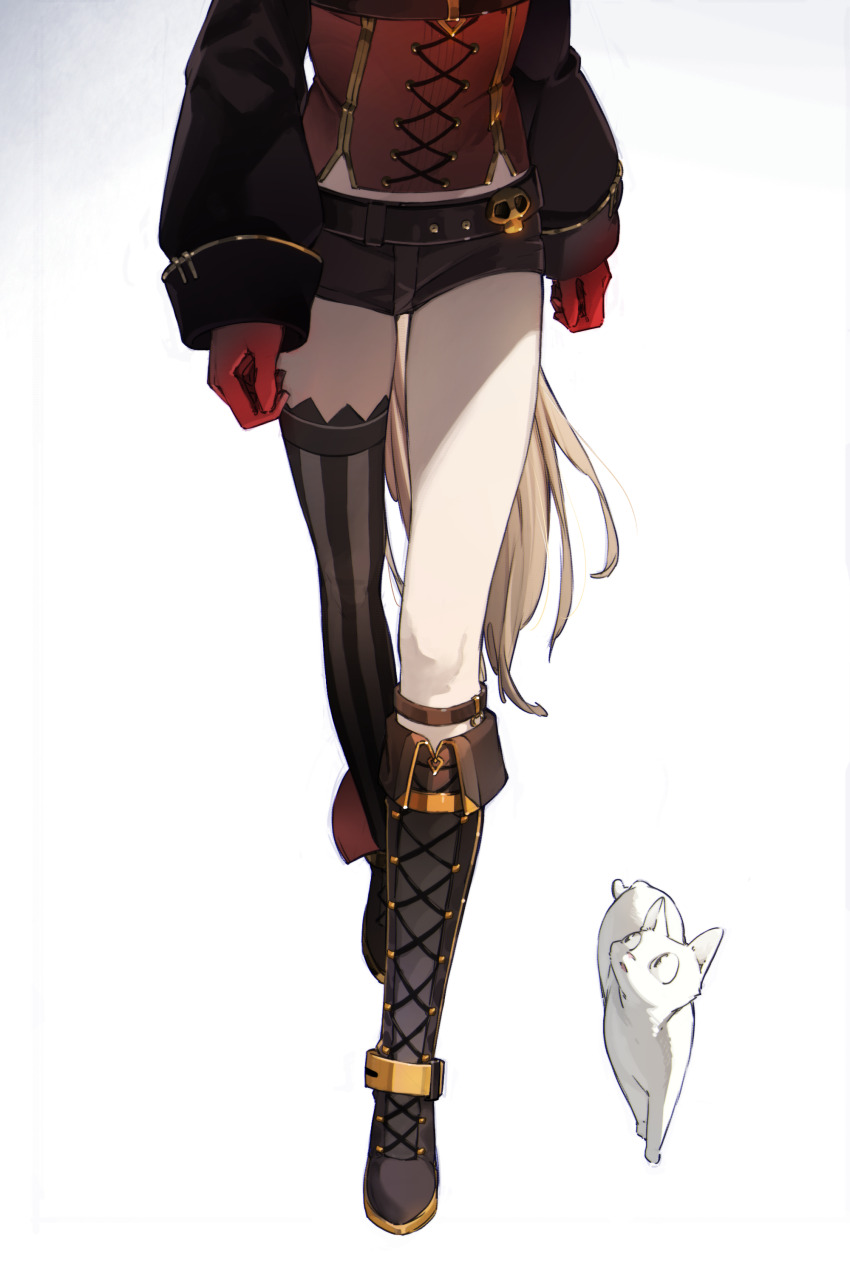 1girl absurdres animal asymmetrical_footwear asymmetrical_legwear azur_lane belt black_shorts boots brown_hair cat corset cross-laced_clothes gloves gradient_background half_gloves hatski.sin head_out_of_frame highres jean_bart_(azur_lane) knee_boots lace-up_boots long_hair long_sleeves lower_body midriff mismatched_footwear puffy_long_sleeves puffy_sleeves red_gloves short_shorts shorts simple_background single_thighhigh solo standing striped_clothes striped_thighhighs thighhighs thighs vertical-striped_clothes vertical-striped_thighhighs very_long_hair white_background