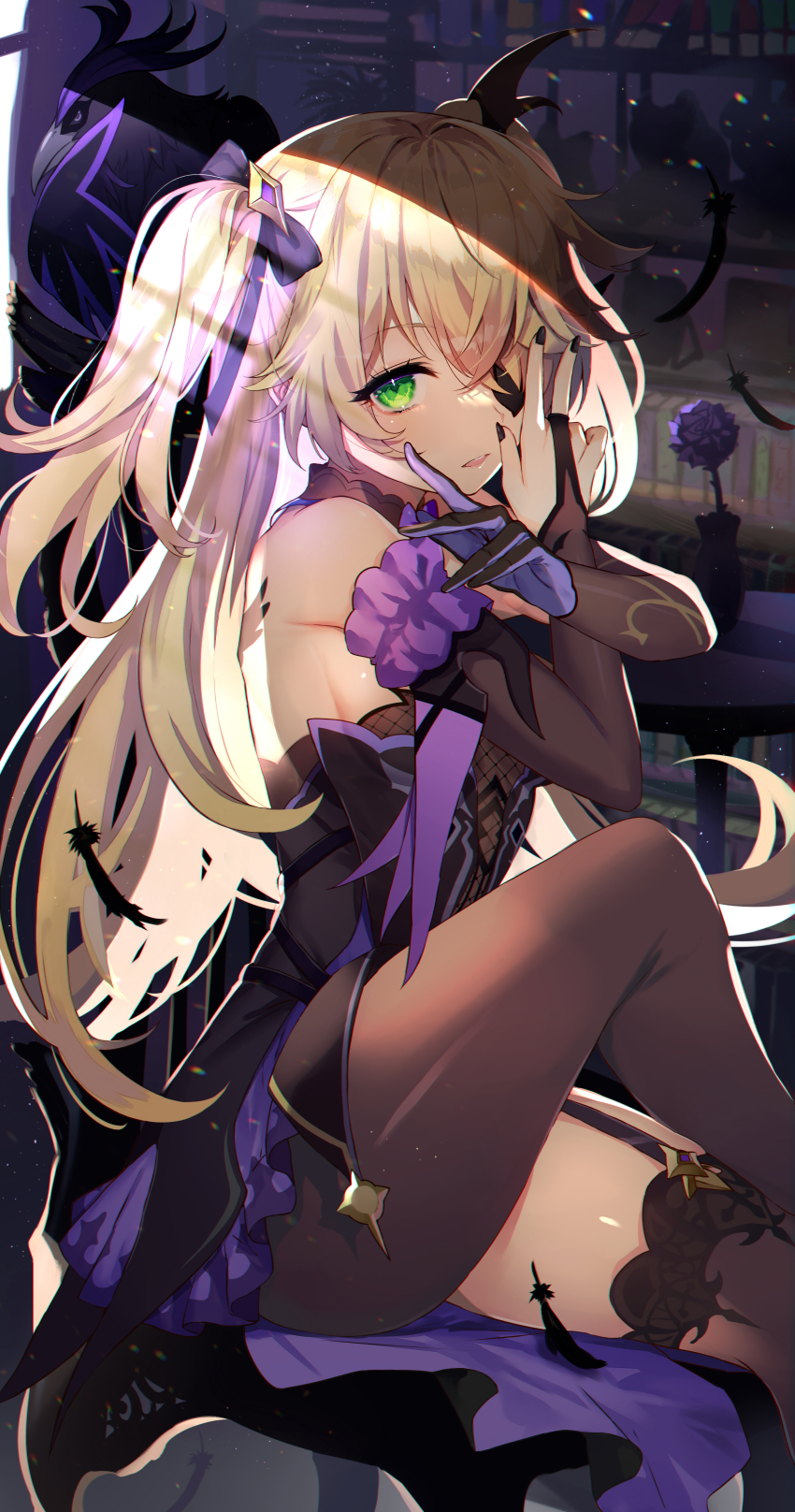 1girl absurdres abusoru bare_shoulders bird black_nails black_ribbon blonde_hair blush bridal_gauntlets brown_thighhighs crossed_legs crow eyepatch fischl_(genshin_impact) garter_straps genshin_impact gloves green_eyes hair_ribbon highres indoors long_hair looking_at_viewer nail_polish one_eye_covered parted_lips purple_gloves ribbon single_glove single_thighhigh sitting solo thighhighs two_side_up vase very_long_hair