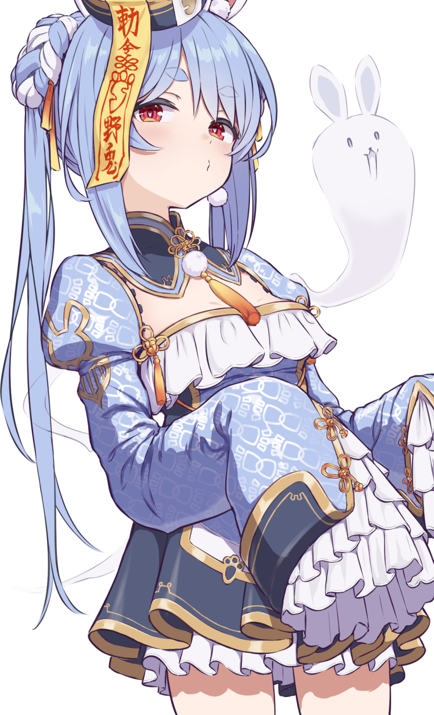1girl animal_ear_fluff animal_ears blue_dress blue_hair blue_hat blush braid breasts carrot_print chinese_clothes commentary_request cowboy_shot don-chan_(usada_pekora) dress earrings eternaltanbo food_print frilled_dress frilled_sleeves frills hair_ribbon hat highres hololive jewelry jiangshi_costume juliet_sleeves long_hair long_sleeves looking_at_viewer mandarin_collar multicolored_hair o3o official_alternate_costume official_alternate_hairstyle ofuda orange_eyes pom_pom_(clothes) pom_pom_earrings print_dress puffy_sleeves qingdai_guanmao rabbit-shaped_pupils rabbit_ears rabbit_girl ribbon short_eyebrows simple_background sleeves_past_fingers sleeves_past_wrists small_breasts solo standing symbol-shaped_pupils thick_eyebrows two-tone_hair usada_pekora usada_pekora_(10th_costume) very_long_hair virtual_youtuber white_background white_hair yellow_ribbon