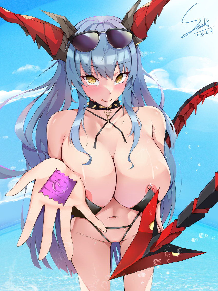 1girl absurdres azur_lane black_slingshot_swimsuit breasts choker condom condom_wrapper dated dragon_girl dragon_horns dragon_tail eyewear_on_head highres holding holding_condom horns large_breasts long_hair looking_at_viewer mechanical_horns mechanical_tail navel nipple_slip nipples official_alternate_costume regensburg_(azur_lane) regensburg_(dark_dragon_brilliant_beach)_(azur_lane) semi-circular_eyewear senki_morimoto signature slingshot_swimsuit solo spiked_choker spikes swimsuit tail very_long_hair water yellow_eyes