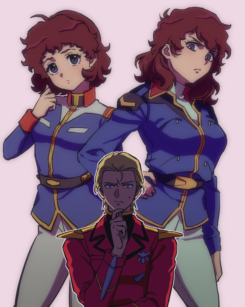 1boy 1girl age_progression amuro_ray blonde_hair blue_eyes blue_jacket breasts brown_hair char&#039;s_counterattack char_aznable closed_mouth commentary_request dual_persona earth_federation_space_forces frown genderswap genderswap_(mtf) grey_pants gundam hand_on_own_chin hand_on_own_hip hand_up highres jacket looking_at_viewer medium_breasts medium_hair military_uniform mobile_suit_gundam pants pink_background red_jacket short_hair simple_background small_breasts sweatdrop thinking yy0880yy