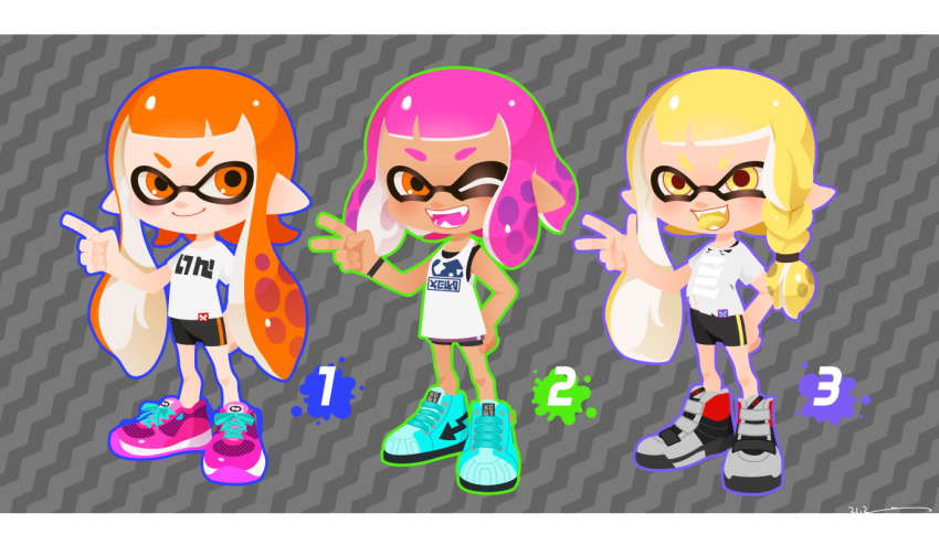 3girls bike_shorts black_bra black_shorts blonde_hair blue_footwear blue_outline boots bra bra_peek braid chibi chibi_only closed_mouth clothes_writing colored_tongue commentary_request dark-skinned_female dark_skin fangs full_body green_outline grey_background grey_footwear hand_on_own_hip high_tops index_finger_raised inkling inkling_(language) inkling_girl inkling_player_character letterboxed long_hair medium_hair miniskirt multiple_girls nintendo one_eye_closed open_mouth orange_eyes orange_hair outline pink_hair pink_shoes pointy_ears purple_outline purple_skirt shirt shoes short_sleeves shorts shorts_under_skirt single_braid skirt smile sneakers splatoon_(series) splatoon_1 splatoon_2 splatoon_3 t-shirt tank_top tentacle_hair tongue tongue_out torn_clothes torn_shirt twintails underwear v v-shaped_eyebrows very_long_hair w white_shirt white_tank_top wristband yellow_eyes yellow_tongue yeneny