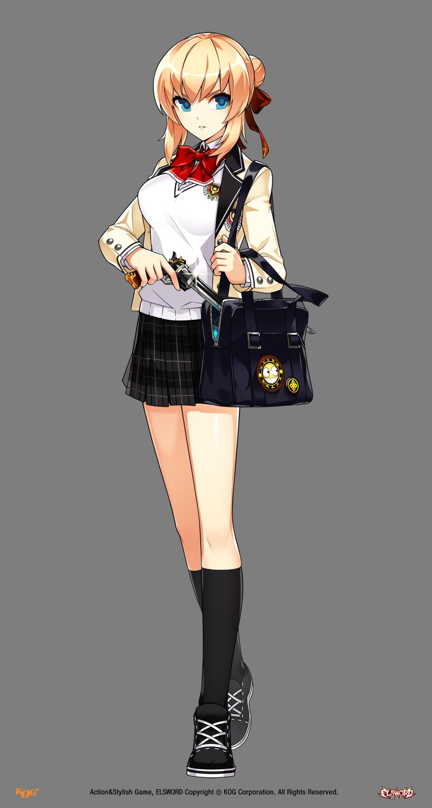 1girl absurdres artist_request blonde_hair blue_eyes choker closed_mouth coat elsword full_body gun highres holding holding_gun holding_weapon long_hair looking_at_viewer official_art rose_(elsword) school_uniform solo thighhighs weapon