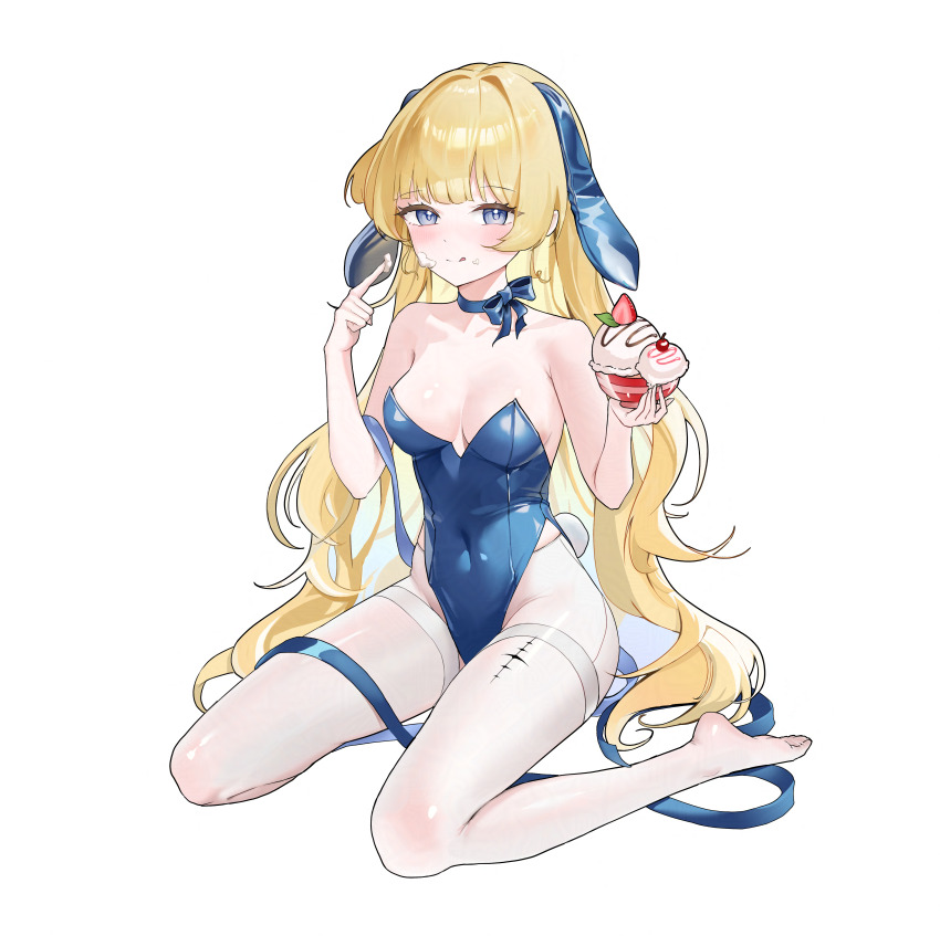 1girl :q absurdres animal_ears bare_shoulders blonde_hair blue_eyes blue_leotard blue_ribbon blush breasts chuvi_y closed_mouth commentary covered_navel cream cream_on_face cream_on_finger english_commentary fake_animal_ears food food_on_face highleg highleg_leotard highres holding holding_food holding_ice_cream ice_cream leotard long_hair looking_at_viewer medium_breasts neck_ribbon no_shoes phoebe_(wuthering_waves) playboy_bunny rabbit_ears rabbit_tail ribbon simple_background sitting smile solo strapless strapless_leotard tacet_mark_(wuthering_waves) tail thighhighs tongue tongue_out very_long_hair wariza white_background white_thighhighs wuthering_waves