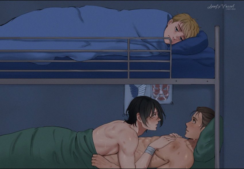 1girl 2boys aftersex annlu_vazzel armin_arlert bed black_hair blanket blonde_hair blush bunk_bed colossal_titan covering_privates eren_yeager hand_on_another&#039;s_chest how_i_met_your_mother looking_up lying lying_on_another mikasa_ackerman multiple_boys muscular muscular_female nude pillow scar shingeki_no_kyojin short_hair smile survey_corps_(emblem) sweat titan_(shingeki_no_kyojin)