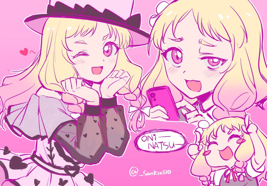 1girl :3 ;d ^_^ absurdres asymmetrical_legwear bare_shoulders blonde_hair blush braid cellphone closed_eyes collared_shirt commentary costume_request dress dress_shirt gradient_hair grey_dress half-closed_eye hashtag-only_commentary hat highres holding holding_phone horns_pose looking_at_viewer love_live! love_live!_superstar!! low_twin_braids multicolored_hair multiple_views neck_ribbon one_eye_closed onitsuka_natsumi open_mouth phone pinafore_dress pink_background pink_hair pink_hat red_ribbon ribbon sankin_(_sankin510) school_uniform shirt short_eyebrows short_sleeves sleeveless sleeveless_dress smartphone smile summer_uniform twin_braids twitter_username uneven_legwear v-shaped_eyebrows white_shirt yuigaoka_school_uniform