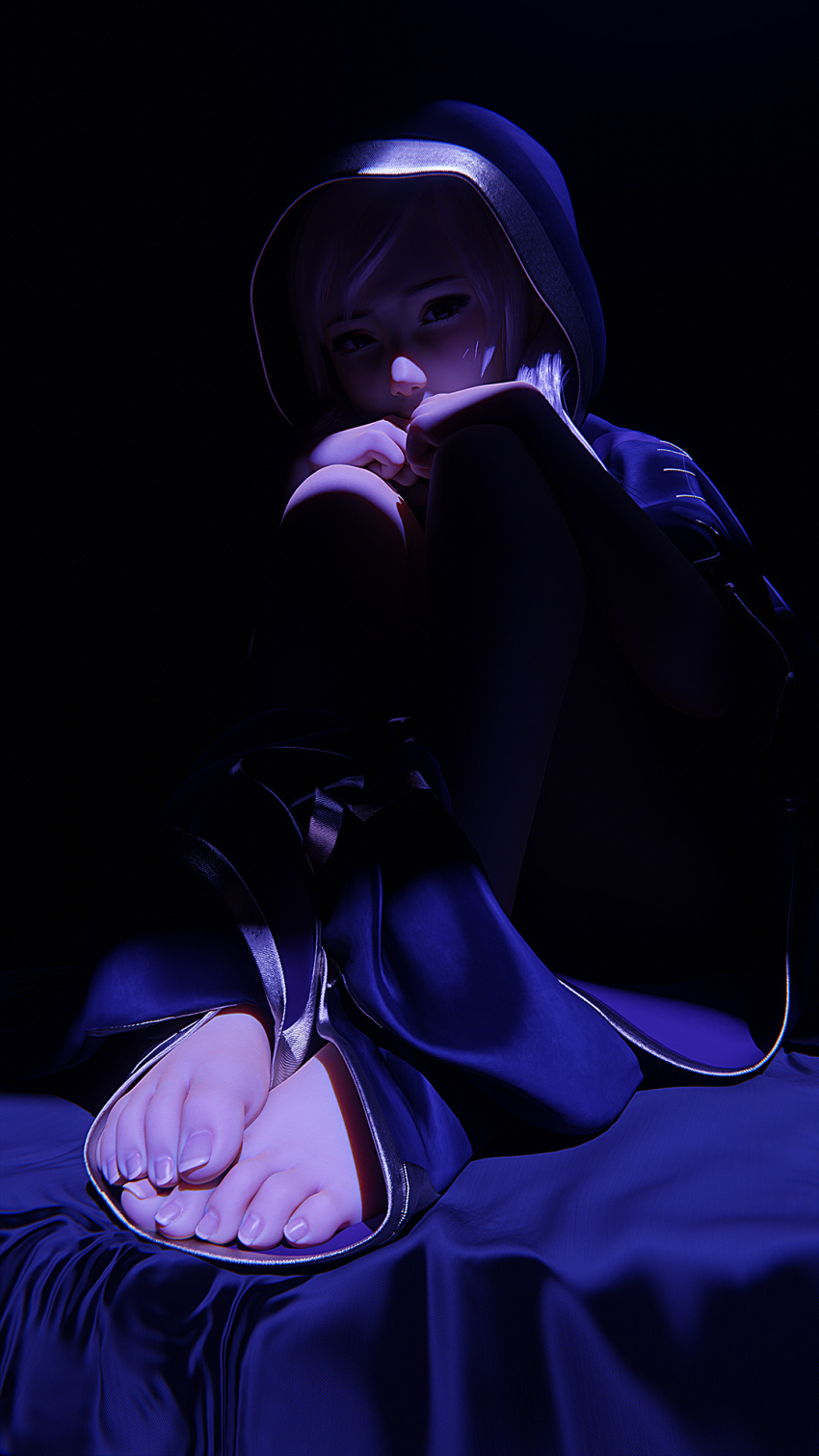 1girl 3d blender_(medium) covered_mouth dark fabric feet female_robin_(fire_emblem) fire_emblem fire_emblem_awakening foot_focus highres hood hoodie hunched_over j9006 long_coat looking_at_viewer nintendo shade solo_focus toenails toes