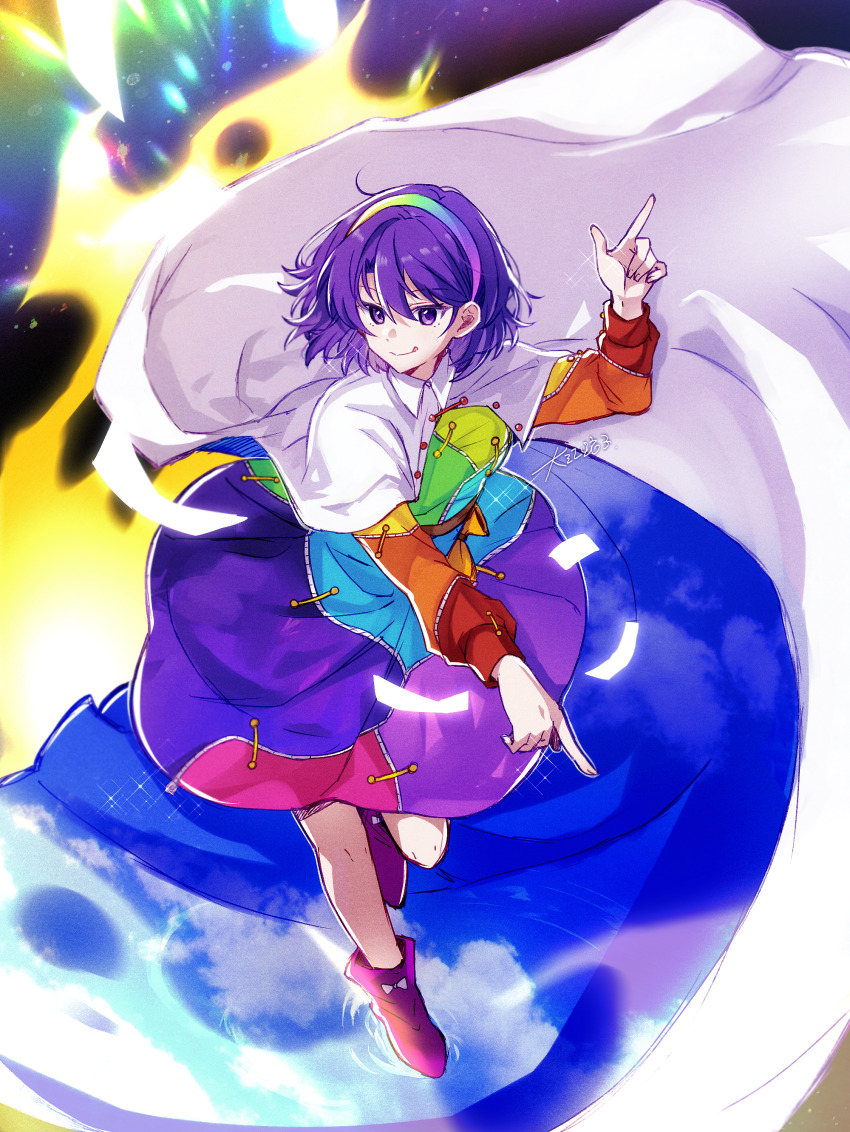 1girl :q absurdres arm_up belt belt_pouch boots bow brown_belt cape dress film_grain full_body hair_between_eyes hairband highres leg_up long_sleeves multicolored_dress multicolored_hairband ooehebiko pink_boots pouch purple_eyes purple_hair rainbow_hairband short_hair smile solo tenkyuu_chimata tongue tongue_out touhou white_bow white_cape zipper
