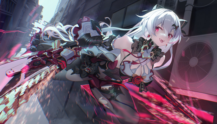 1girl absurdres bat_hair_ornament black_dress black_pantyhose breasts chainsaw cleavage commentary_request detached_sleeves dress earrings fangs hair_ornament highres holding holding_chainsaw honkai_(series) honkai_impact_3rd jewelry large_breasts long_hair outdoors pantyhose red_eyes solo spectacled_snake theresa_apocalypse theresa_apocalypse_(luna_kindred) theresa_apocalypse_(lunar_vow:_crimson_love) white_hair