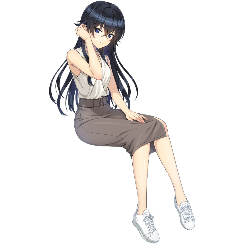 1girl adjusting_hair black_hair blue_eyes breasts closed_mouth dolphin_wave game_cg hagane_otsuki hand_on_lap high-waist_skirt highres long_hair looking_at_viewer non-web_source official_art ootomo_takuji pencil_skirt shoes sitting skirt small_breasts smile sneakers solo transparent_background white_shoes