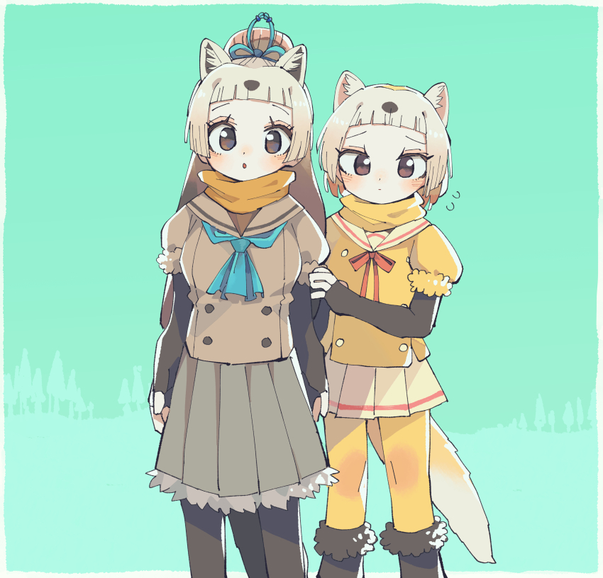 absurdres animal_ears blue_neckerchief blunt_bangs blush bow bowtie brown_eyes brown_fur brown_gloves brown_hair brown_pantyhose brown_shirt brown_skirt cowboy_shot elbow_gloves fingerless_gloves fur_trim gloves hair_bow highres japanese_marten_(kemono_friends) kanmoku-san kemono_friends long_hair multicolored_hair neckerchief pantyhose pleated_skirt puffy_short_sleeves puffy_sleeves red_bow red_bowtie sable_(kemono_friends) sailor_collar scarf shirt short_hair short_sleeves sidelocks skirt tail two-tone_hair weasel_ears weasel_girl weasel_tail white_hair white_skirt yellow_fur yellow_pantyhose yellow_scarf yellow_shirt