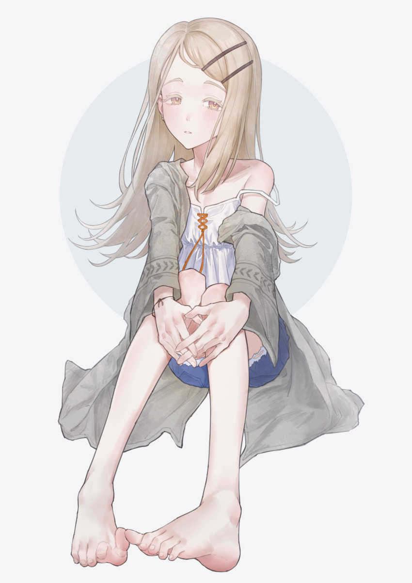 1girl absurdres barefoot blonde_hair blush crane666 feet gakuen_idolmaster highres idolmaster long_hair looking_at_viewer parted_lips shinosawa_hiro soles toes yellow_eyes