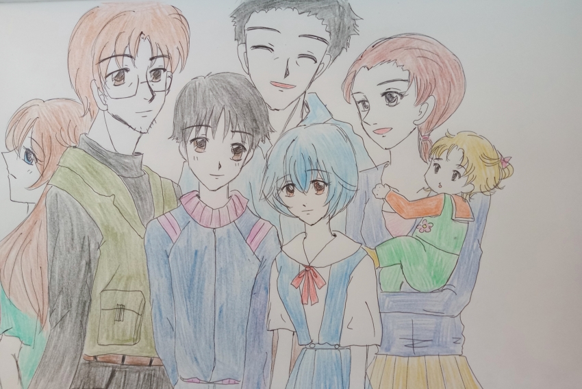 3boys 4girls absurdres aged_up aida_kensuke ayanami_rei baby black_hair blue_eyes blue_hair brown_hair dress evangelion:_3.0+1.0_thrice_upon_a_time glasses grin highres horaki_hikari ikari_shinji jacket long_hair looking_at_another looking_at_viewer multiple_boys multiple_girls neon_genesis_evangelion rebuild_of_evangelion red_eyes smile souryuu_asuka_langley suzuhara_touji suzuhara_tsubame