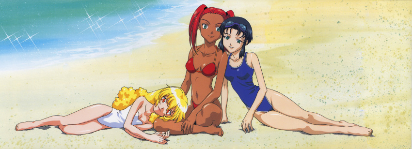 3girls absurdres aqua_eyes arm_support barefoot beach bikini black_hair blonde_hair blue_one-piece_swimsuit casual_one-piece_swimsuit crossover dark-skinned_female dark_skin day el_hazard goggles goggles_on_head green_eyes head_rest highres kumashiro_sakuya lap_pillow long_hair lying mahou_shoujo_pretty_sammy multiple_girls navel non-web_source official_art on_side one-piece_swimsuit outdoors own_hands_together pixy_misa red_bikini red_eyes red_hair scan shayla-shayla shin_tenchi_muyou! short_hair sitting smile strapless strapless_one-piece_swimsuit swimsuit tenchi_muyou! twintails white_one-piece_swimsuit