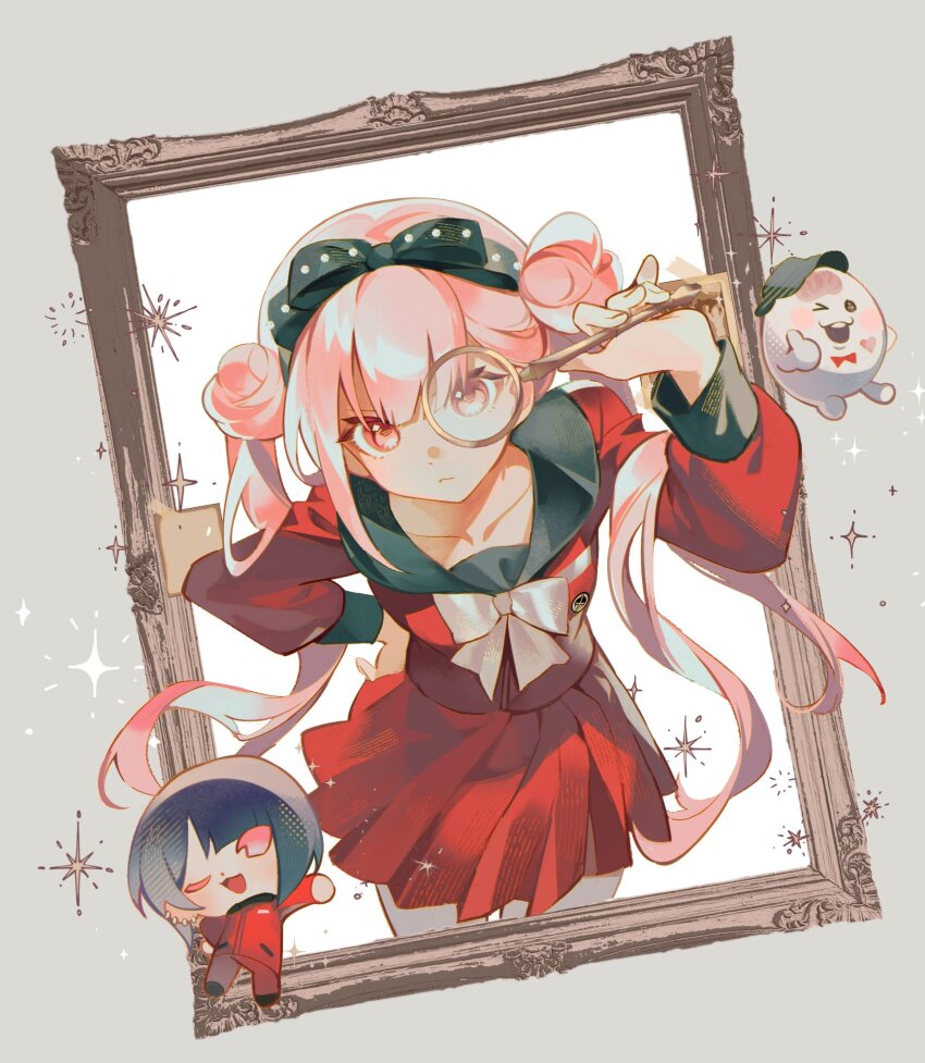 1girl 2boys black_bow black_hair black_hairband black_sailor_collar blush_stickers bow bow_hairband brother_and_sister chibi collarbone double_bun gakuran grey_background hair_bun hairband hashtag-only_commentary hat highres holding holding_magnifying_glass long_hair looking_through_magnifying_glass magnifying_glass multiple_boys one_eye_closed picture_frame pink_eyes pink_hair red_serafuku red_skirt sailor_collar school_uniform serafuku short_hair siblings sirei_(hundred_line) skirt ssbaby the_hundred_line_-last_defense_academy- thumbs_up tsukumo_ima tsukumo_kako twins twintails