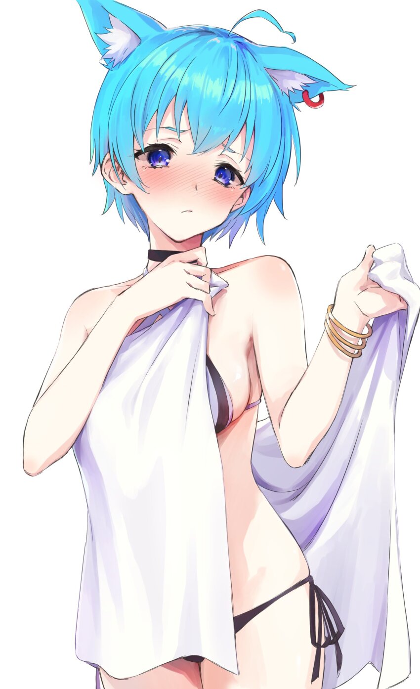absurdres ahoge animal_ear_fluff animal_ear_piercing animal_ears bikini black_bikini blue_eyes blue_hair blush bracelet breasts dog_ears dog_girl embarrassed highres holding holding_towel jewelry large_breasts nanashi_inc. open_towel shirana_tamana side-tie_bikini_bottom sideboob souya_ichika swimsuit thighs towel towel_slip virtual_youtuber white_background