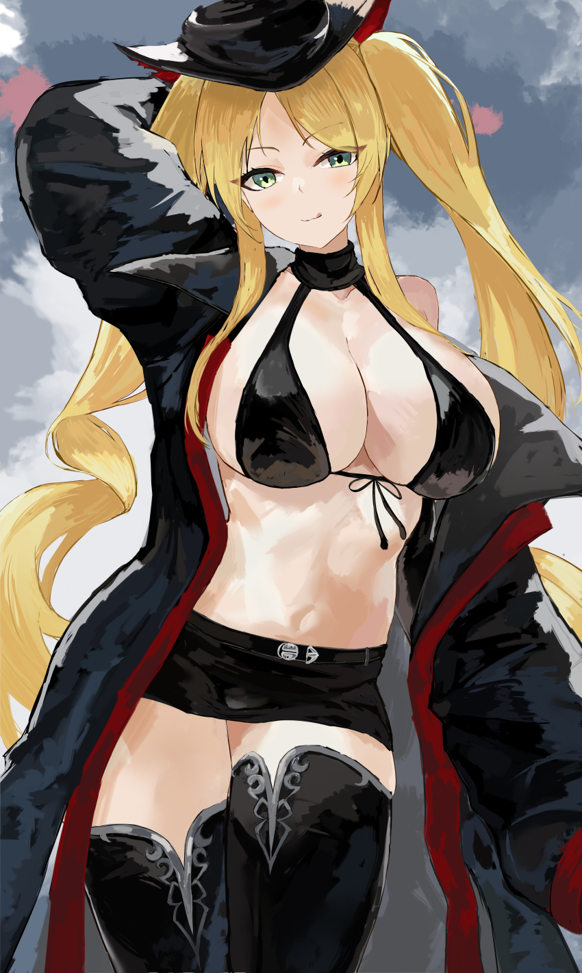 1girl absurdres arm_behind_head arm_up azur_lane bare_shoulders bikini bikini_top_only black_bikini black_boots black_choker black_coat black_hat black_skirt blonde_hair boots breasts choker cleavage coat front-tie_bikini_top front-tie_top green_eyes hat highres hornet_(azur_lane) hornet_(meta)_(azur_lane) large_breasts long_hair looking_at_viewer navel off_shoulder parted_bangs sideboob skirt smile solo suo_bu_ye_feng swimsuit thigh_boots thighs twintails very_long_hair