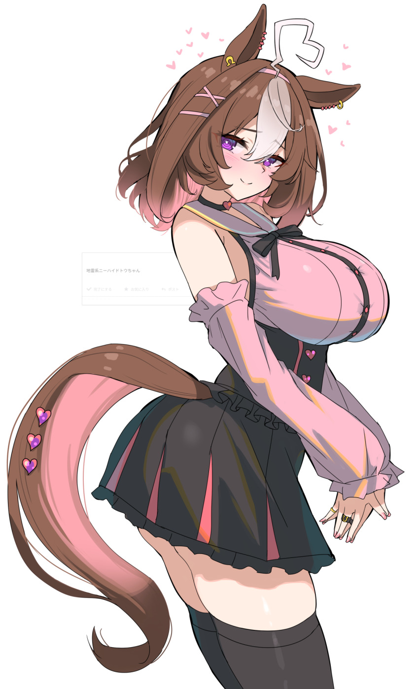 1girl ahoge alternate_costume animal_ears blush breasts brown_hair detached_sleeves hair_between_eyes hair_ornament highres jirai_kei kibihimi large_breasts looking_at_viewer meisho_doto_(umamusume) simple_background solo thighhighs translation_request umamusume white_background x_hair_ornament