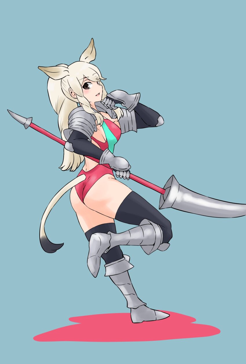 alternate_costume animal_ears armor black_gloves black_thighhighs blue_one-piece_swimsuit blush brown_eyes competition_swimsuit elbow_pads extra_ears from_behind gauntlets gloves gravi_pig4891 greaves hair_between_eyes highres kemono_friends long_hair looking_at_viewer looking_back one-piece_swimsuit pauldrons polearm ponytail red_one-piece_swimsuit rhinoceros_ears rhinoceros_girl rhinoceros_tail shoulder_armor sidelocks spear standing standing_on_one_leg swimsuit thighhighs two-tone_one-piece_swimsuit weapon white_hair white_rhinoceros_(kemono_friends)