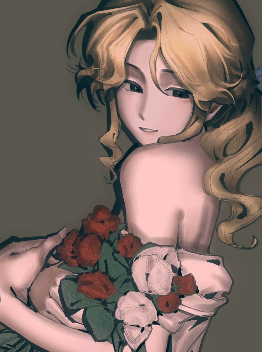 1girl alice_deross beijingban18388 black_hair blonde_hair breasts chinese_commentary commentary_request curtained_hair flower green_background highres identity_v large_breasts long_hair off_shoulder parted_bangs procreate_(medium) red_flower red_rose rose shirt simple_background smile solo upper_body wavy_hair white_flower white_rose white_shirt