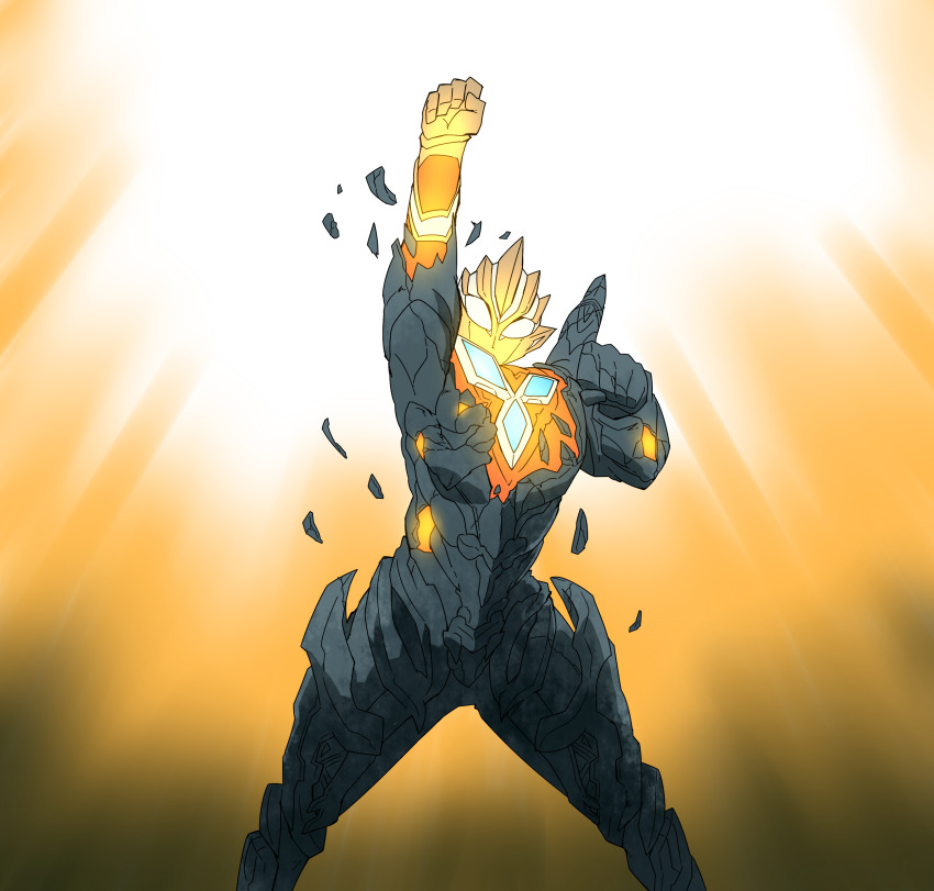 1boy absurdres alien arm_up color_timer commentary_request crack glowing highres looking_at_viewer naitsupic no_humans solo standing sunlight tokusatsu transformation trigger_dark ultra_series ultraman_trigger ultraman_trigger_(glitter_trigger_eternity) ultraman_trigger_(series) yellow_eyes