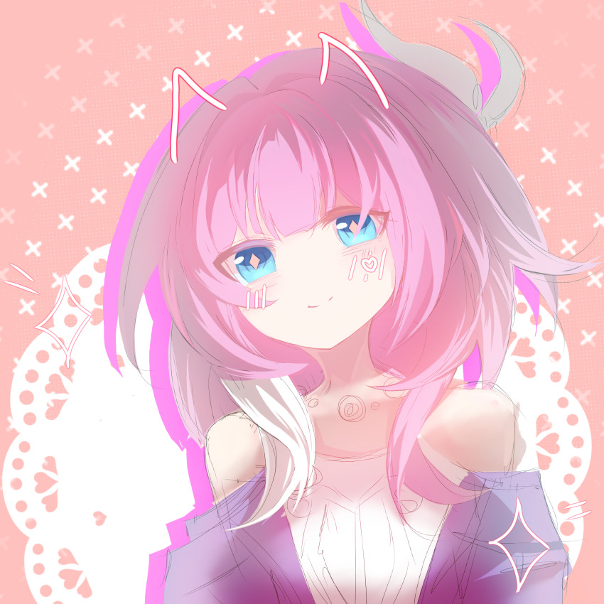 1girl blue_eyes breasts chenguang53745 chinese_commentary coat commentary_request cyrene_(honkai:_star_rail) drawn_blush drawn_horns dress face_filter hair_ornament highres honkai:_star_rail honkai_(series) jewelry medium_hair multicolored_hair necklace pink_background pink_hair pink_pupils purple_coat small_breasts smile solo two-tone_hair upper_body white_dress white_hair