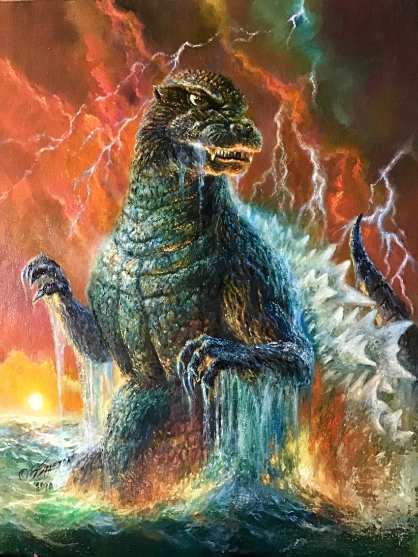 bob_eggleton cloud cloudy_sky dinosaur electricity energy epic godzilla godzilla_(series) highres kaiju lightning no_humans ocean overcast sea_monster sky storm sun swimming tail the_return_of_godzilla toho water waves