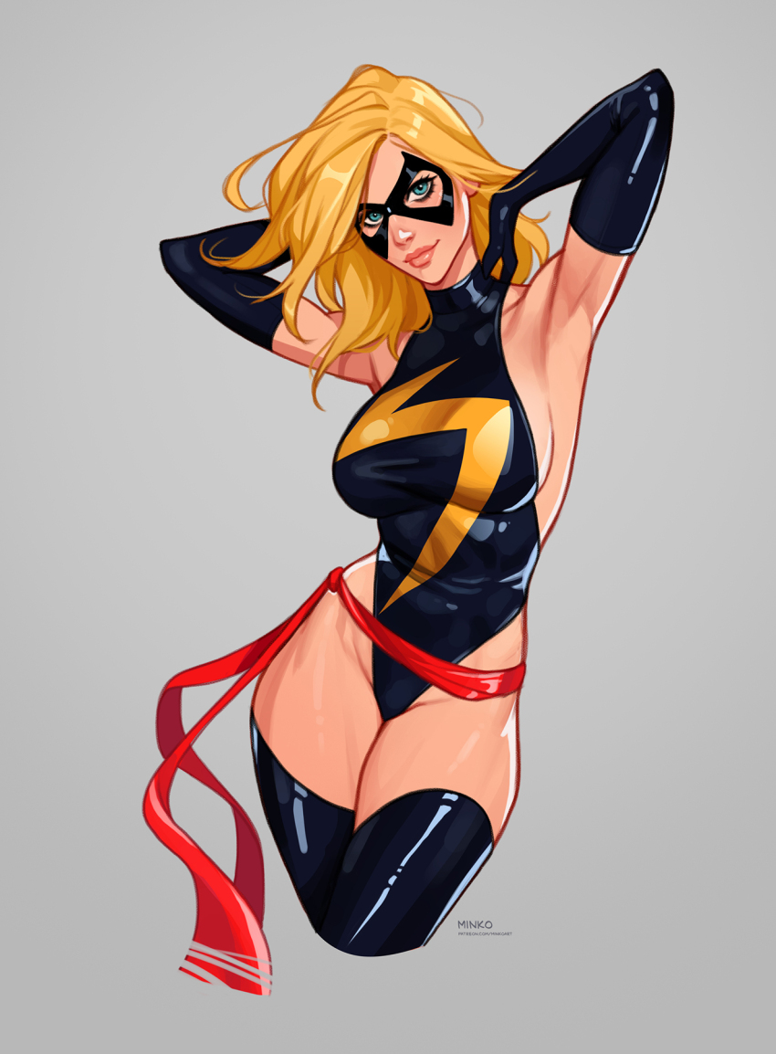 1girl animification armpits blonde_hair breasts carol_danvers domino_mask gloves highres leotard long_hair looking_at_viewer marvel mask ms._marvel olena_minko sash scarf smile solo superhero_costume thighhighs