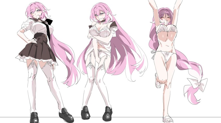 1girl bikini black_sailor_collar black_shoes black_skirt blue_eyes bra breasts cleavage elf elysia_(honkai_impact) garter_straps highres honkai_(series) honkai_impact_3rd large_breasts long_hair multiple_views panties pink_hair pleated_skirt pointy_ears sailor_collar saki_(remainaddd) sandals school_uniform serafuku shoes simple_background skirt smile swimsuit thighhighs toes underwear very_long_hair white_background white_bikini white_bra white_garter_straps white_panties white_serafuku white_thighhighs