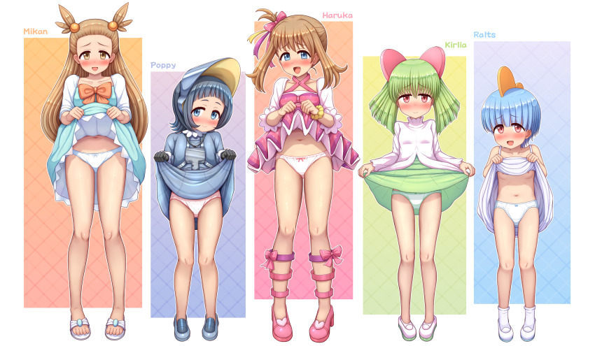 5girls alternate_color asutorii blue_dress blue_eyes blue_hair blue_shoes blush bow bow_panties breasts brown_eyes clothes_lift dress dress_lift flip-flops full_body gen_3_pokemon green_hair green_panties green_skirt highres humanization jasmine_(pokemon) kirlia loli long_hair may_(pokemon) multiple_girls nintendo nipples panties pink_dress pink_shoes pokemon pokemon_hgss pokemon_sv poppy_(pokemon) ralts red_eyes sandals shiny_pokemon shirt shoes skirt small_breasts smile spaghetti_strap standing two_side_up underwear white_dress white_panties white_sandals white_shirt