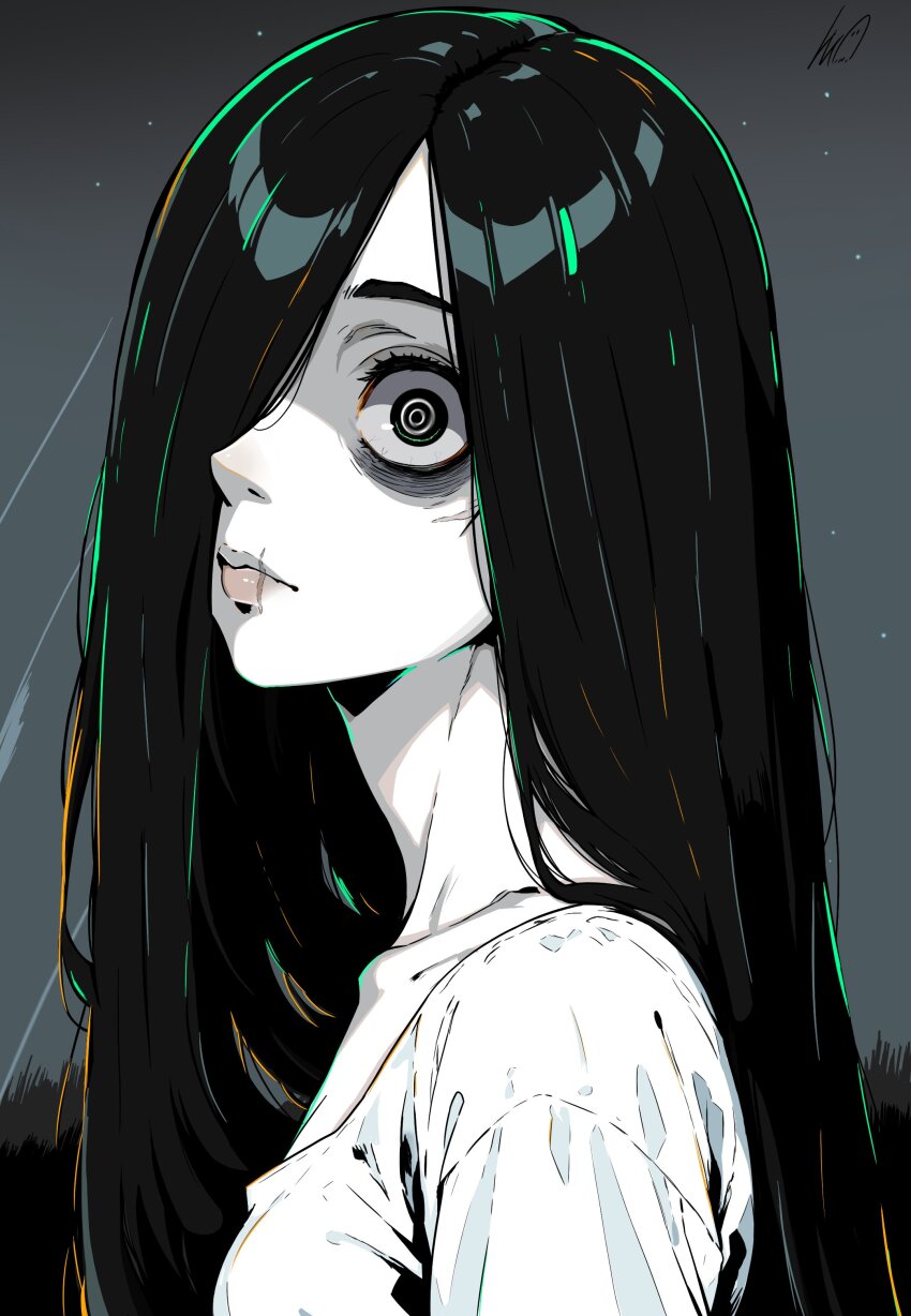 1girl absurdres bags_under_eyes black_hair breasts ghost_girl green_trim greyscale hair_over_one_eye highres lips long_hair looking_at_viewer lughost monochrome scar scar_on_face scar_on_lip scar_on_mouth simple_background solo the_ring very_long_hair yamamura_sadako