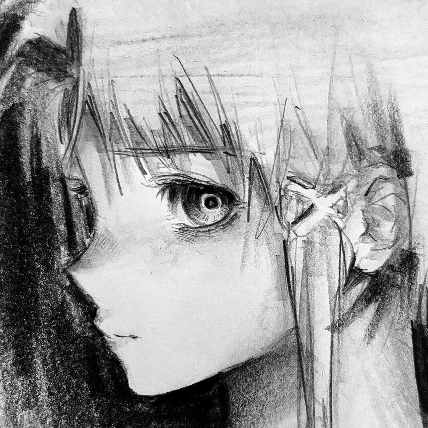 1girl blonde_hair close-up closed_mouth expressionless from_side graphite_(medium) greyscale hair_ornament highres iwakura_lain kansouki looking_at_viewer monochrome portrait serial_experiments_lain single_sidelock solo traditional_media x_hair_ornament