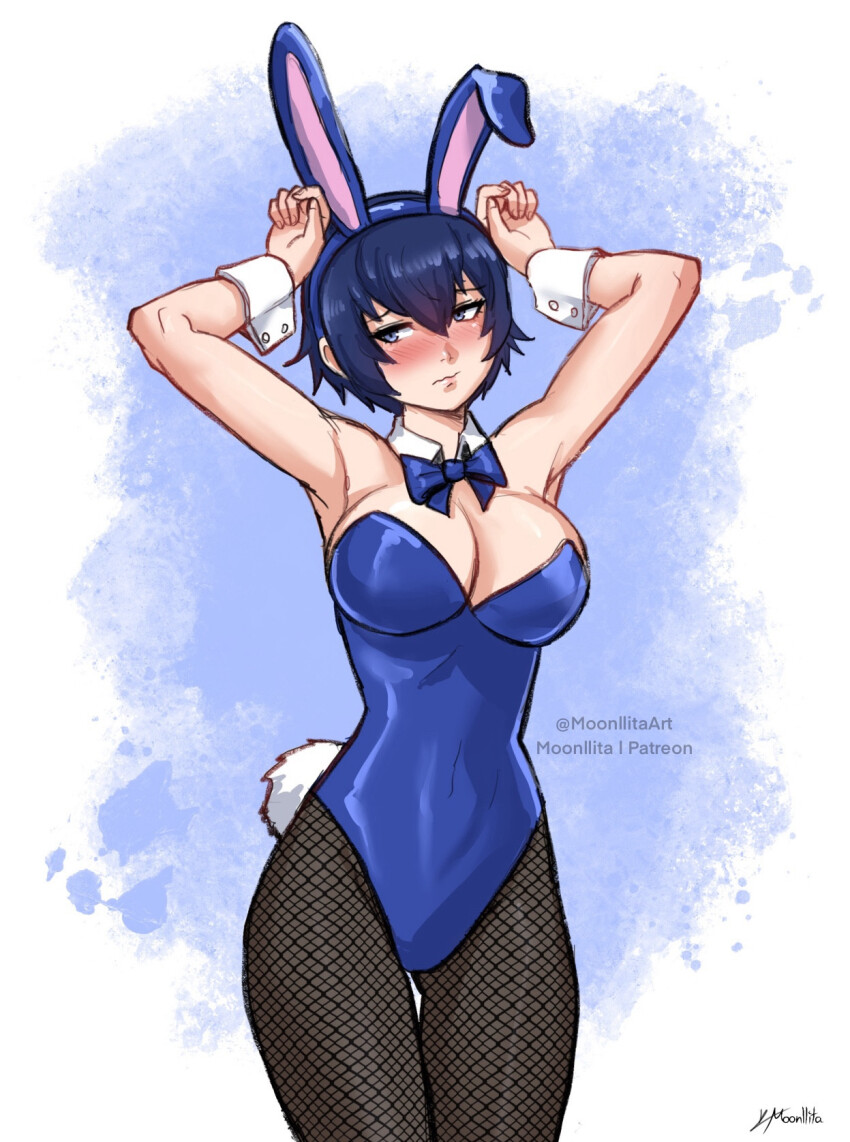 1girl armpits arms_up bare_shoulders blue_eyes blue_hair blush bow bowtie breasts cleavage female_focus fishnet_pantyhose fishnets gluteal_fold highres large_breasts leotard matching_hair/eyes moonllita pantyhose persona persona_4 rabbit_ears rabbit_tail shirogane_naoto short_hair simple_background solo thigh_gap wrist_cuffs