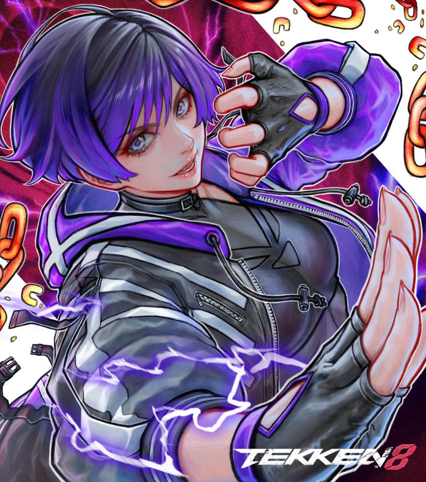 1girl absurdres ai_shou black_hair breasts collar colored_tips commentary copyright_name fingerless_gloves gloves highres hood hooded_jacket jacket looking_at_viewer multicolored_hair multicolored_jacket namco open_clothes open_jacket purple_eyes purple_hair purple_jacket reina_(tekken) short_hair smile solo teeth tekken tekken_8