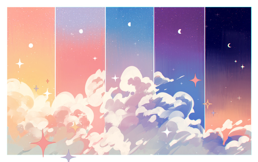 blue_sky border cloud cloud_focus crescent_moon full_moon gibbous_moon gradient_sky half_moon highres jauni_(tofublock) moon moon_phases night night_sky no_humans orange_sky original pastel_colors pink_sky purple_sky sky sky_focus sparkle sunset twilight white_border yellow_sky