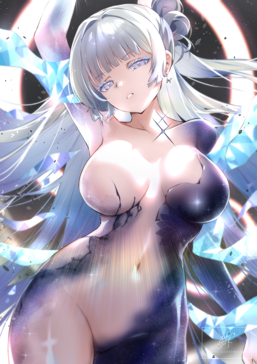 1girl absurdres bodysuit breasts chark14 colored_eyelashes commentary goddess_of_victory:_nikke highres large_breasts long_hair looking_at_viewer multicolored_bodysuit navel nayuta_(nikke) nayuta_(wu_wei)_(nikke) no_nipples official_alternate_costume parted_lips solo space_skin split-color_clothes two-tone_bodysuit unusually_open_eyes very_long_hair water_sleeves white_eyelashes white_eyes white_hair