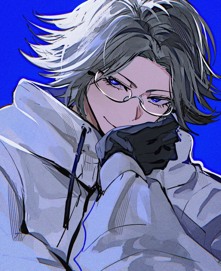 1boy aotsuki_eito black_gloves blue_background blue_eyes closed_mouth commentary_request curtained_hair drawstring eyelashes film_grain glasses gloves grey_hair hand_on_own_cheek hand_on_own_face highres jacket long_sleeves male_focus parted_bangs semi-rimless_eyewear short_hair smile solo thai_commentary the_hundred_line_-last_defense_academy- upper_body white_jacket yfmaichobmkr
