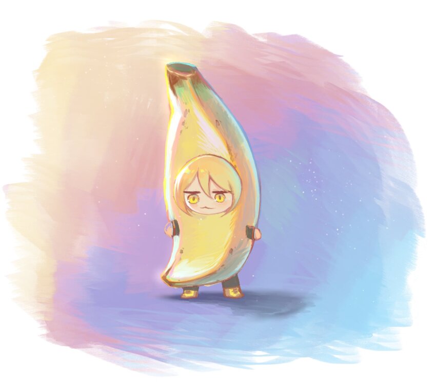 1girl :3 banana banana_costume black_jacket black_pants blonde_hair chibi chibi_only don_quixote_(project_moon) food formal_clothes fruit highres jacket limbus_company pants phl293bbutpm project_moon shoes short_hair smug suit white_background yellow_eyes yellow_shoes