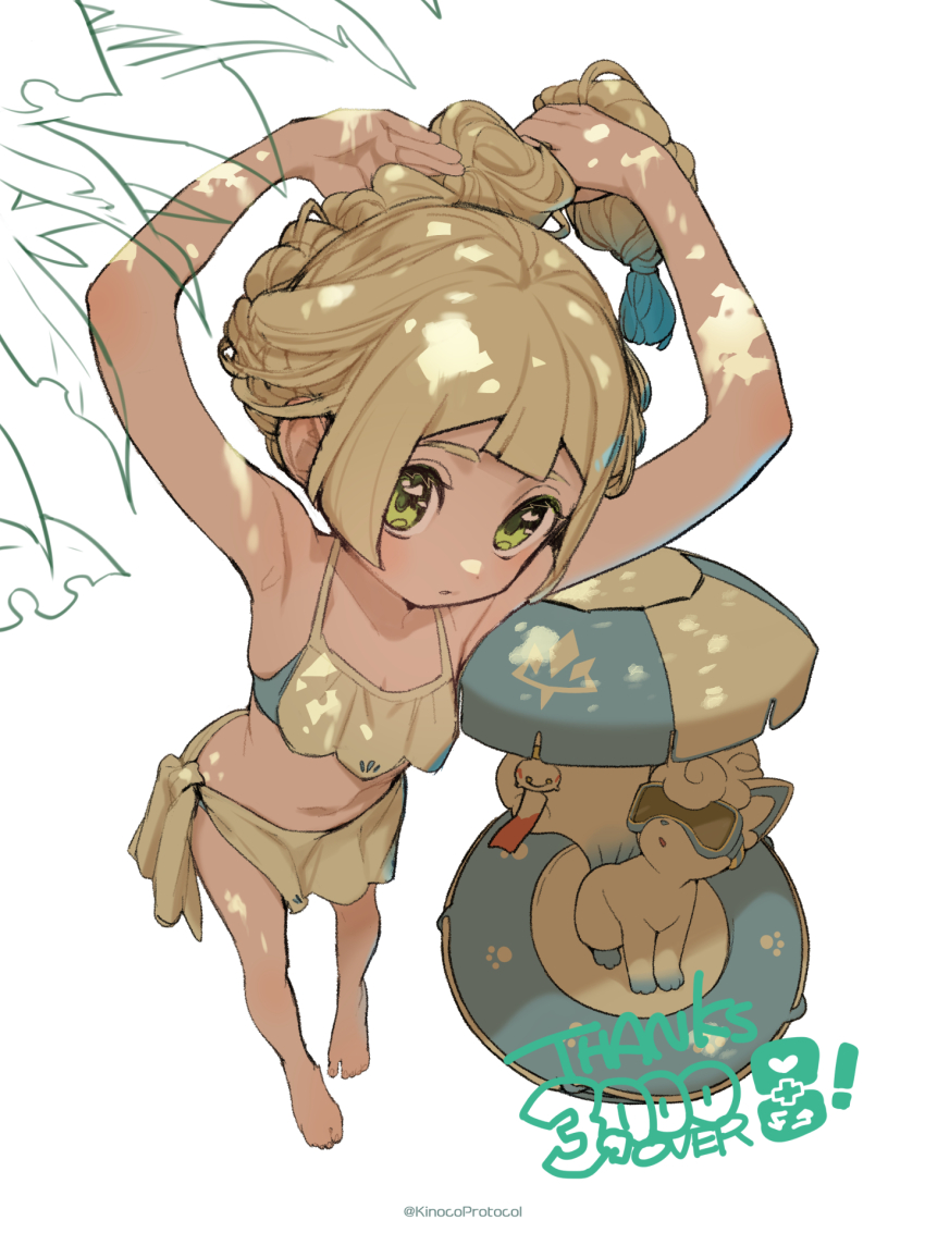 1girl alolan_form alolan_vulpix beach_umbrella bikini blonde_hair blunt_bangs braid breasts chimecho gen_3_pokemon gen_7_pokemon goggles green_eyes highres kinocopro lillie_(pokemon) long_hair looking_at_viewer nintendo pokemon pokemon_(anime) pokemon_(creature) pokemon_sm_(anime) swimsuit umbrella white_bikini
