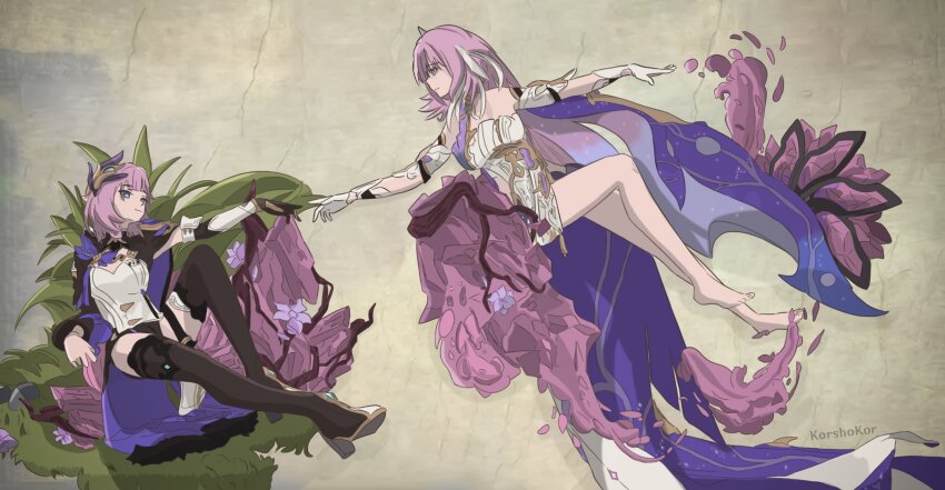 2girls bare_legs barefoot black_footwear black_gloves black_shorts blue_eyes breasts cleavage corset elf elysia_(herrscher_of_human:_ego)_(honkai_impact) elysia_(honkai_impact) elysia_(miss_pink_elf)_(honkai_impact) feet fine_art_parody floating gloves hair_ornament high_heels highres honkai_(series) honkai_impact_3rd korshokor legs long_hair medium_breasts multicolored_hair multiple_girls on_grass parody pink_hair pointy_ears short_shorts shorts single_glove the_creation_of_adam thighs two-tone_hair very_long_hair white_corset white_gloves white_hair