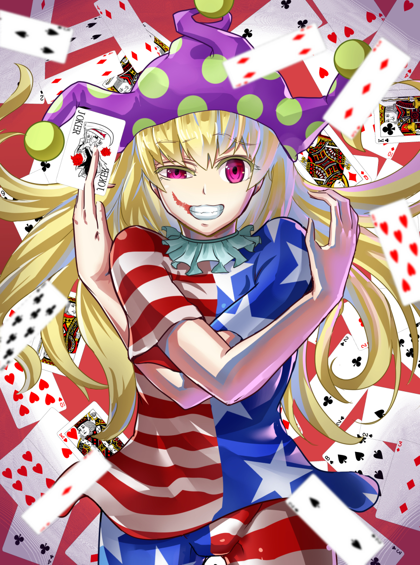1girl absurdres american_flag_dress american_flag_legwear bad_id bad_pixiv_id between_fingers blonde_hair card clownpiece clubs collar colored_eyelashes cowboy_shot diamonds elly_(touhou) eyebrows female_focus floating_card frilled_collar frilled_shirt_collar frills grin gunjin_(aguran) hat heart highres holding holding_card jester_cap joker_(playing_card) king_(playing_card) king_of_clubs king_of_diamonds king_of_hearts king_of_spades lipstick long_hair looking_at_viewer makeup neck_ruff pantyhose playing_card polka_dot purple_eyes queen_(playing_card) queen_of_diamonds red_background short_sleeves smile solo spade star_(symbol) star_print striped touhou touhou_(pc-98) uneven_eyes very_long_hair