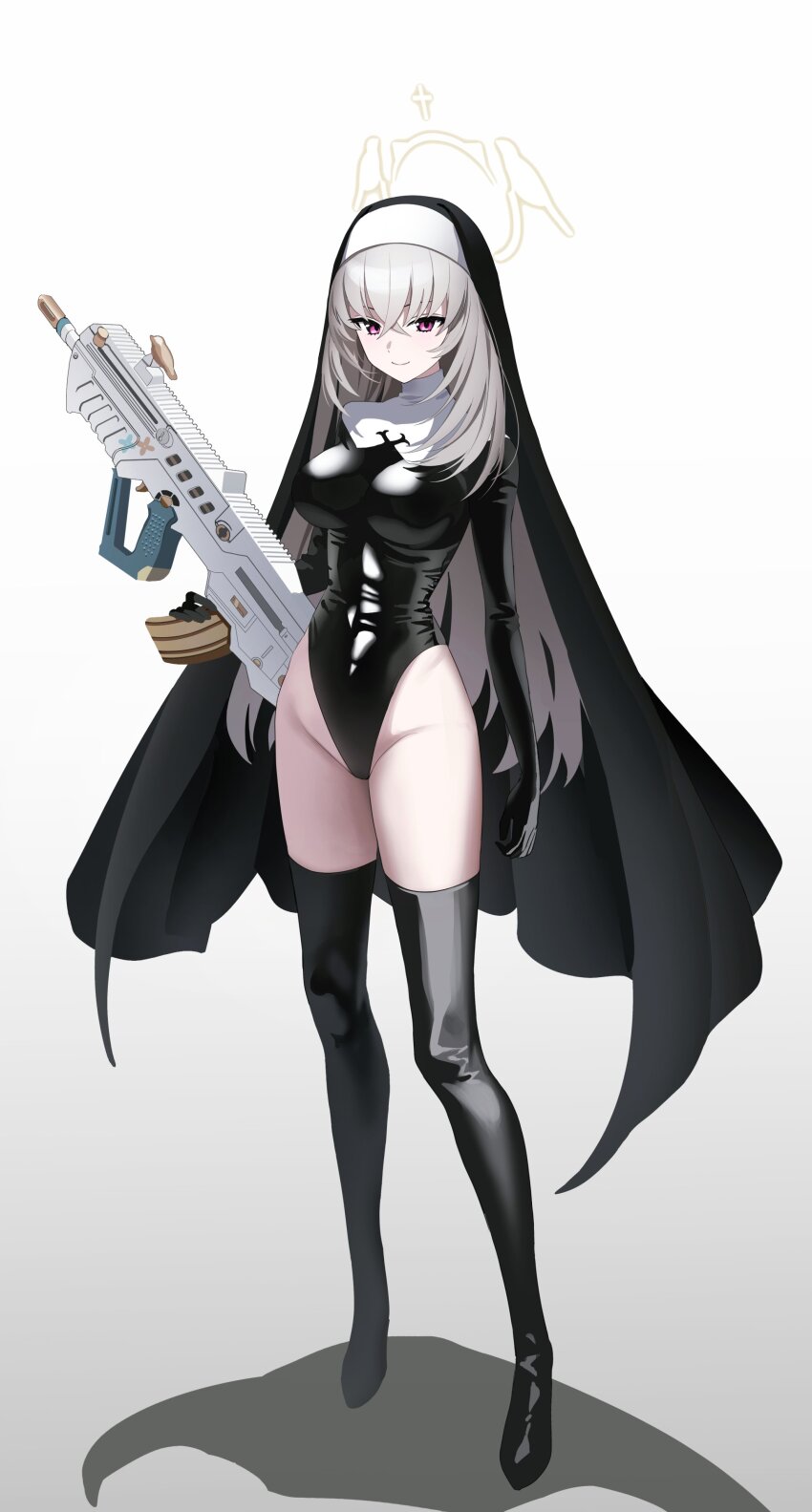 1girl absurdres black_gloves black_veil blue_archive breasts gloves gun halo highres justina_follower_(blue_archive) large_breasts leotard long_hair looking_at_viewer nagul purple_eyes sakurako_(blue_archive) simple_background solo standing twitter veil weapon white_background