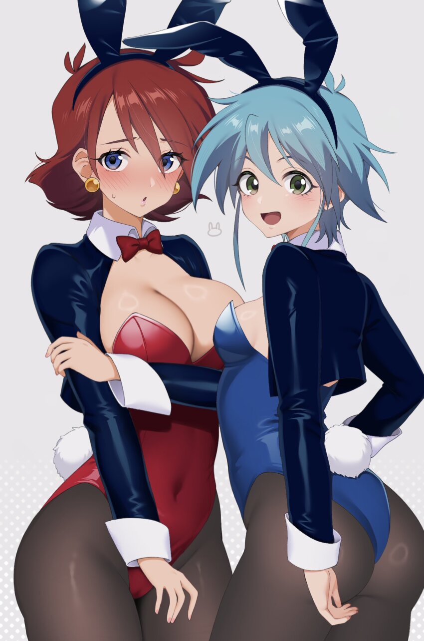 2girls :o allenby_beardsley animal_ear_hairband animal_ears ass black_hairband black_jacket black_pantyhose blue_eyes blue_hair blue_leotard blush bow bowtie breasts campbell_xx cleavage commentary_request covered_navel cowboy_shot cropped_jacket detached_collar earrings fake_animal_ears fake_tail g_gundam green_eyes grey_background gundam hair_between_eyes hairband highleg highleg_leotard highres holding_own_arm jacket jewelry large_breasts leotard long_sleeves looking_at_viewer multiple_girls open_clothes open_jacket open_mouth pantyhose parted_lips playboy_bunny rabbit_ear_hairband rabbit_ears rabbit_tail rain_mikamura red_bow red_bowtie red_hair red_leotard shiny_skin short_hair small_breasts small_sweatdrop smile sphere_earrings standing strapless strapless_leotard tail
