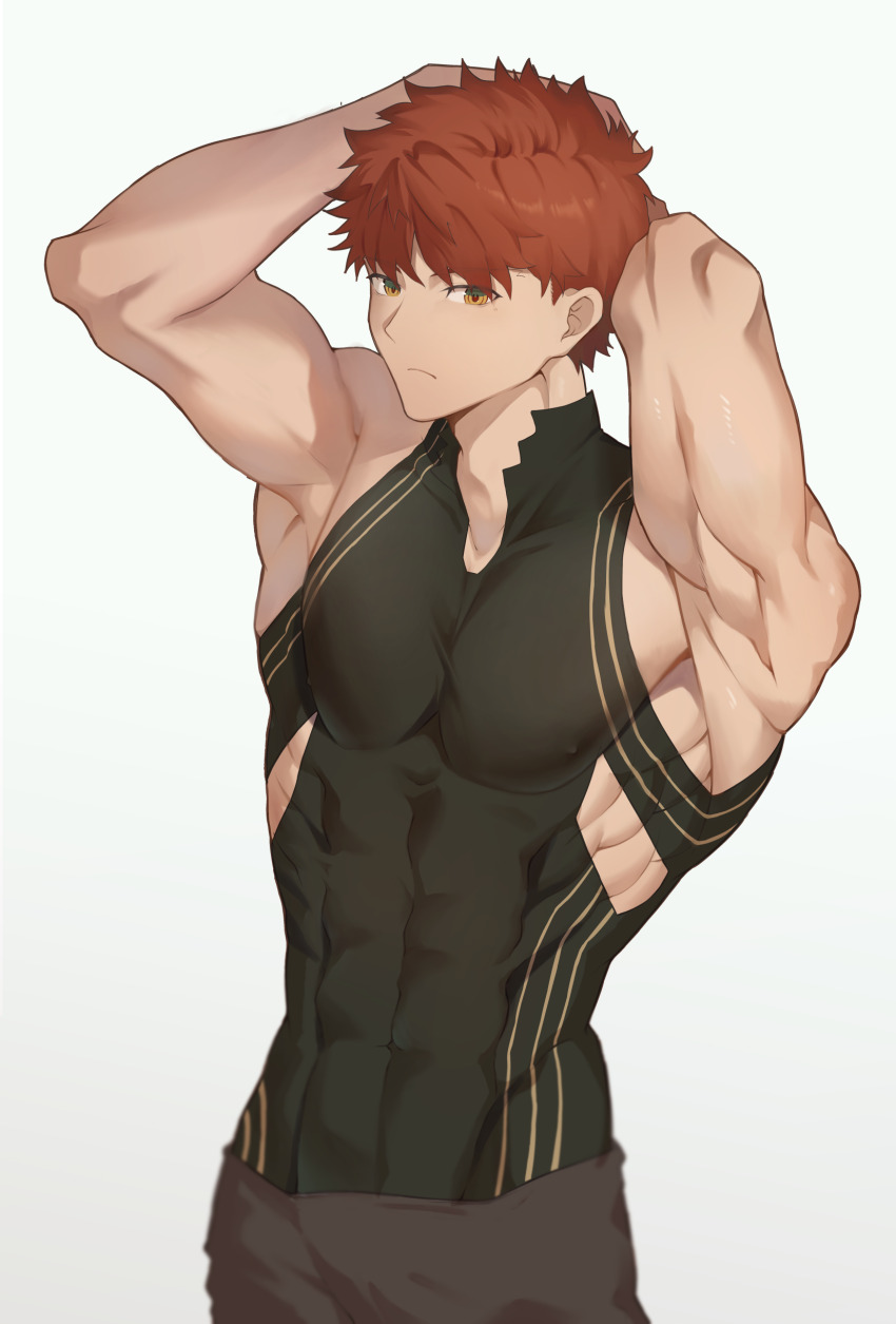 1boy abs absurdres arms_behind_head brown_pants covered_abs covered_erect_nipples emiya_shirou fate/grand_order fate_(series) frown groin_tendon highres kinotake looking_at_viewer male_focus muscular muscular_male obliques pants red_hair ringed_eyes senji_muramasa_(fate) short_hair simple_background skin_tight solo v-taper white_background yellow_eyes