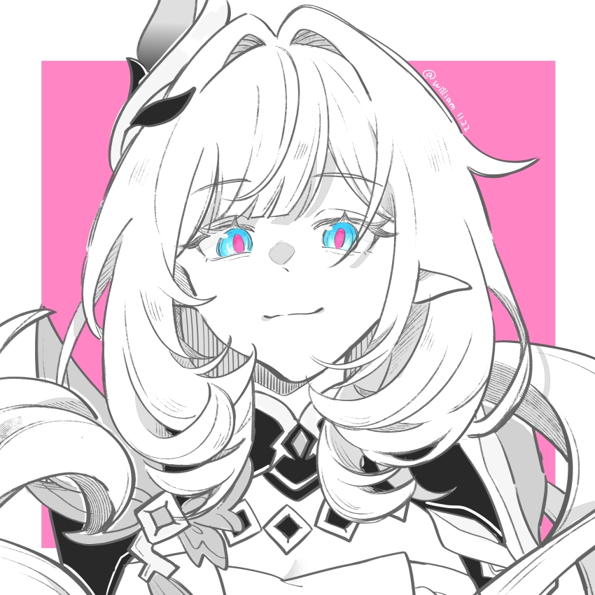 1girl absurdres blue_eyes breasts cleavage commentary_request corset elf elysia_(honkai_impact) elysia_(miss_pink_elf)_(honkai_impact) hair_intakes hair_ornament highres honkai_(series) honkai_impact_3rd long_hair partially_colored pink_background pointy_ears shrug_(clothing) solo william_(lofter_895662039091)