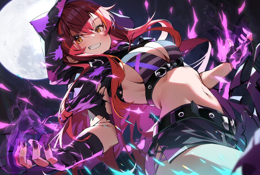 1girl absurdres adapted_costume bandaged_arm bandages belt black_nails black_shorts bra breasts cleavage cosplay cross-laced_clothes cross-laced_shorts fingerless_gloves full_moon gloves hair_ornament hairpin highres hood hood_up large_breasts long_hair long_sidelocks m._bison m._bison_(cosplay) moon navel nekota_tsuna orange_eyes paint_splatter red_hair ruo19 short_shorts shorts sideboob sidelocks solo street_fighter street_fighter_6 striped_bra striped_clothes teeth torn_clothes underwear virtual_youtuber vspo!