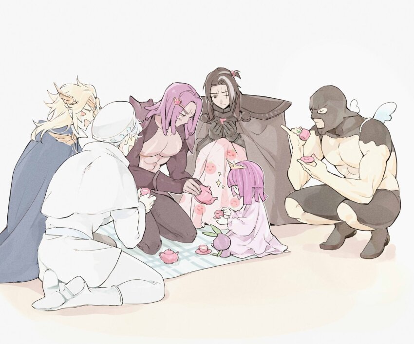 1girl 5boys :d :| ^_^ armor black_armor black_cape black_eyes black_footwear black_gloves black_hair black_pants blanket blonde_hair blue_cape blunt_bangs blush boots cape capelet child circlet closed_eyes closed_mouth cookie_run cookie_run:_kingdom crown cup dark-skinned_male dark_choco_cookie dark_skin dreadlocks dress fake_wings fingerless_gloves full_body gauntlets gloves ha_yasen hair_bobbles hair_ornament hairclip hat heart heart_hair_ornament highres holding holding_cup holding_saucer holding_teapot humanization kneeling long_hair looking_at_another madeleine_cookie mask milk_cookie multicolored_hair multiple_boys muscle_cookie muscular muscular_male one_side_up onion_cookie open_mouth pants pauldrons pectorals pink_dress pinky_out playing pouring profile purple_eyes purple_hair purple_yam_cookie saucer scar scar_across_eye scar_on_face seiza shirt short_hair shoulder_armor shrug_(clothing) simple_background sitting smile squatting streaked_hair stuffed_toy sweatdrop teacup teapot toy unamused white_background white_capelet white_footwear white_gloves white_hair white_headwear white_pants white_shirt winged_hair_ornament wings