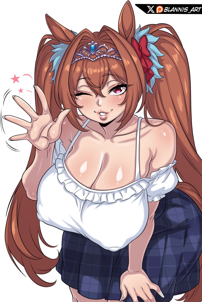 1girl animal_ears artist_name bare_shoulders blannis blue_skirt bra breasts brown_hair collarbone covered_erect_nipples cowboy_shot daiwa_scarlet_(umamusume) eyelashes female_focus fingernails frilled_shirt frills from_above hand_on_own_thigh hand_up horse_ears horse_girl huge_breasts leaning_forward lips long_fingernails long_hair looking_at_viewer looking_up naughty_face off-shoulder_shirt off_shoulder one_eye_closed parted_lips red_eyes shirt simple_background skirt solo standing teeth tiara twintails umamusume underwear white_background white_bra white_shirt