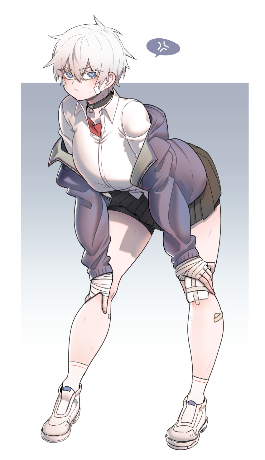 1girl absurdres anger_vein bandages bandaid bandaid_on_face bell bike_shorts bike_shorts_under_skirt blue_eyes breasts collar collared_shirt commentary devil_may_cry_(series) english_commentary frown full_body genderswap genderswap_(mtf) gintm gradient_background hand_wraps hands_on_own_knees highres injury jacket jingle_bell large_breasts leaning_forward looking_at_viewer neck_bell nero_(devil_may_cry) off_shoulder scrape shirt shoes short_hair skirt socks solo spoken_anger_vein two-tone_background white_hair white_shirt