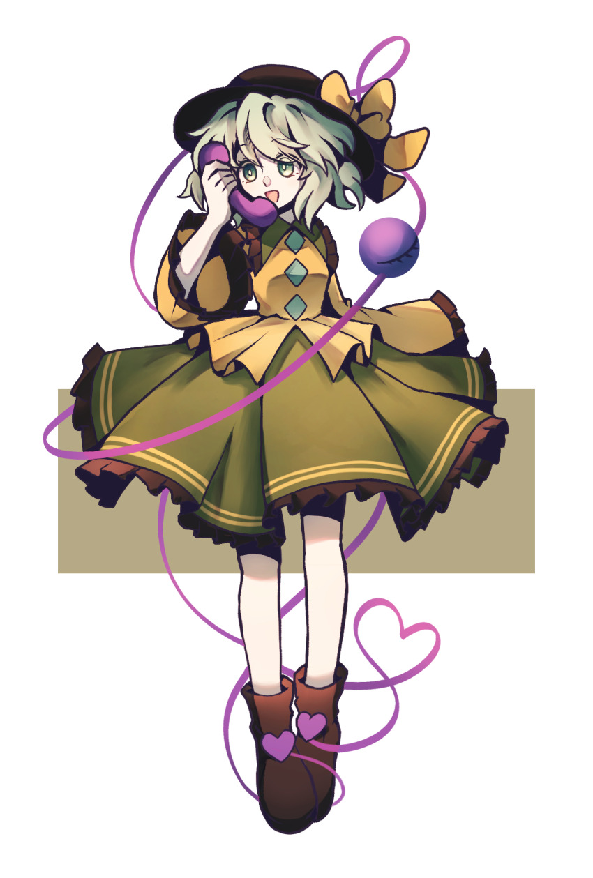 1girl black_hat boots bow brown_boots buttons commentary diamond_button eyeball frilled_shirt_collar frilled_skirt frilled_sleeves frills full_body green_eyes green_hair green_skirt hat hat_bow heart heart_of_string highres holding holding_phone komeiji_koishi long_sleeves looking_at_viewer open_mouth phone shirt skirt smile soda_(sodaa_811) solo third_eye touhou wide_sleeves yellow_bow yellow_shirt